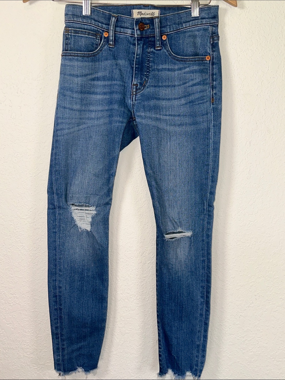 Madewell High Rise Skinny Jeans With Raw Hems and Distressing